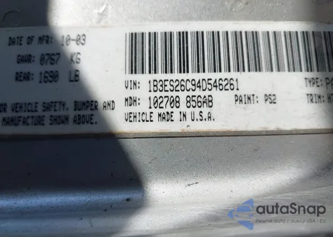 2004 Dodge Neon Se z USA, uszkodzony, nr VIN 1B3ES26C94D546261